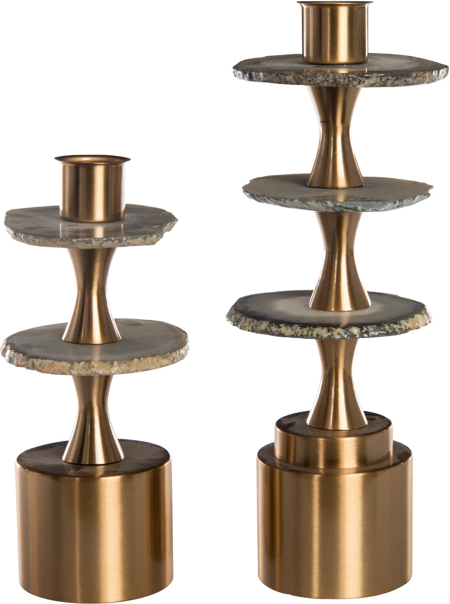 Set Of 2 Agate And Metal Candle Holders
